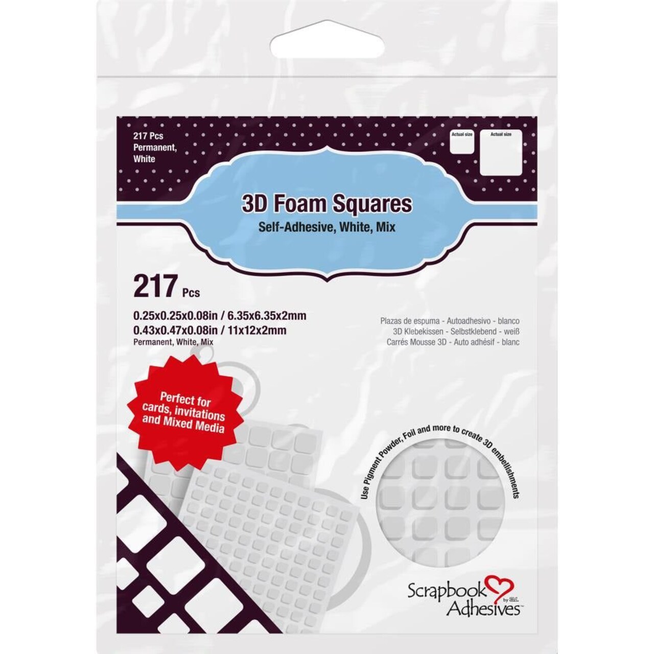 White 3D Variety Pack Self-Adhesive Foam .25" and .5" Squares 217/Pkg - 2mm Thick